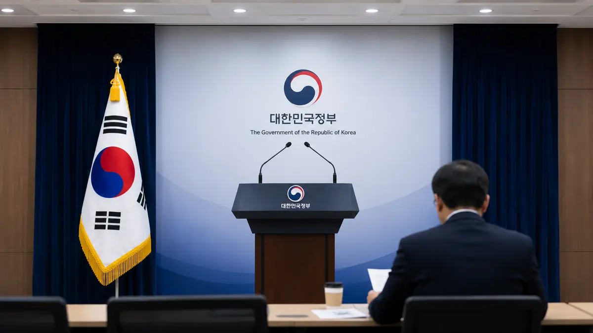 South Korean government briefing room with a podium, microphones, the national flag and an anonymous attendee seen from behind.
